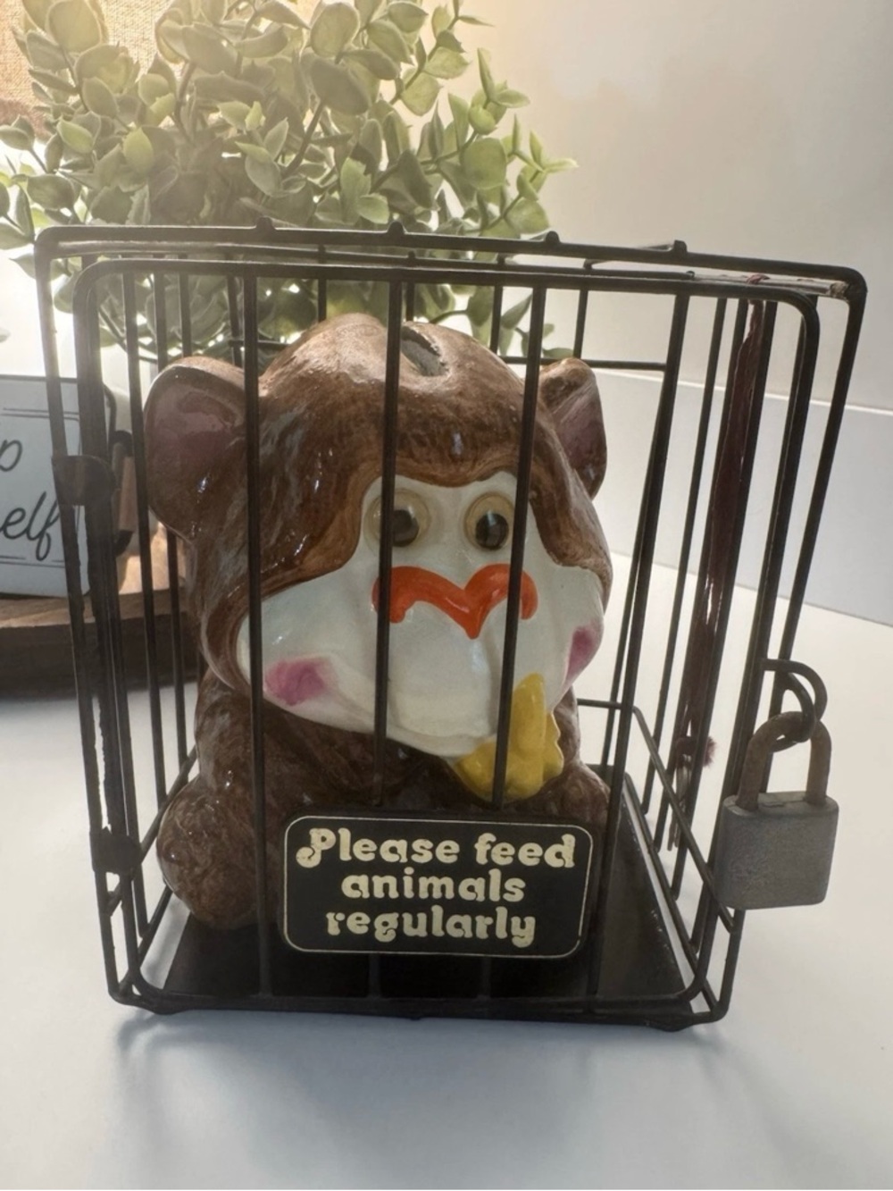 Vintage Gorilla Coin Bank in Cage w/Lock Taiwan “Please Feed Animals” Jail Bank